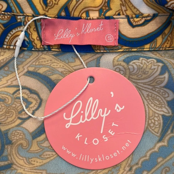 Lilly's Closet Women Blue Gold Pattern Top Size Small Shirt Collar Button Close - Picture 8 of 11